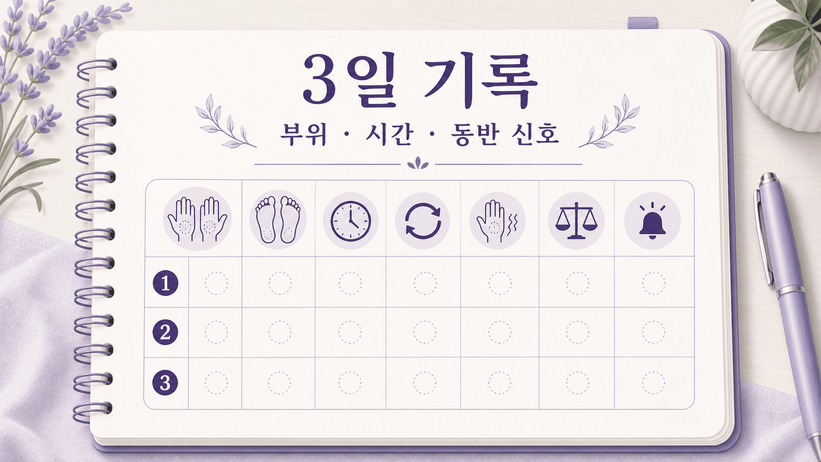 손발 저림을 3일 동안 부위, 시간, 동반 신호로 기록하는 이미지