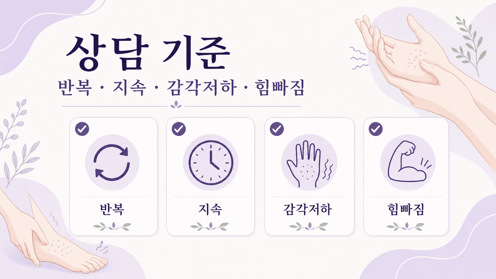 손발 저림 상담 기준을 반복, 지속, 감각저하, 힘빠짐으로 나누어 보는 이미지