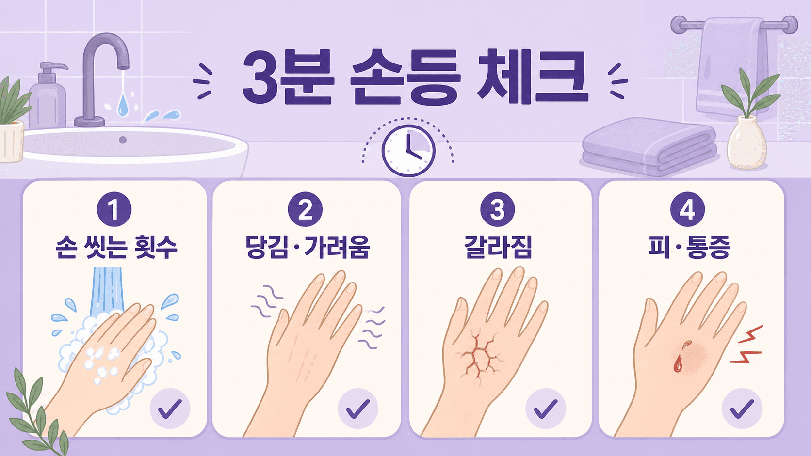 손 씻고 손등 갈라짐에서 손 씻는 횟수, 당김과 가려움, 갈라짐, 피와 통증을 나누는 3분 체크 이미지