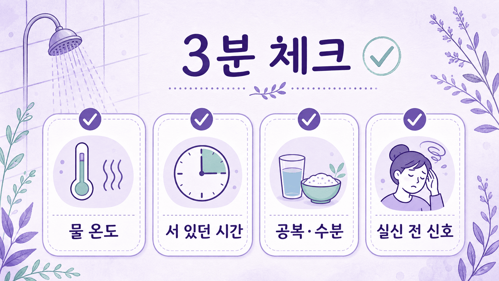 샤워 후 어지럼을 물 온도, 서 있던 시간, 공복과 수분, 실신 전 신호로 나누는 3분 체크 이미지