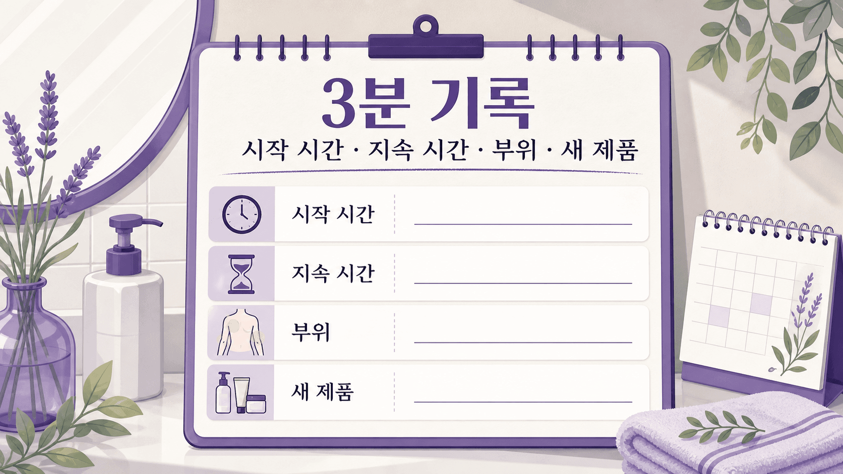샤워 후 가려움에서 시작 시간, 지속 시간, 부위, 새 제품을 기록하는 3분 기록 이미지