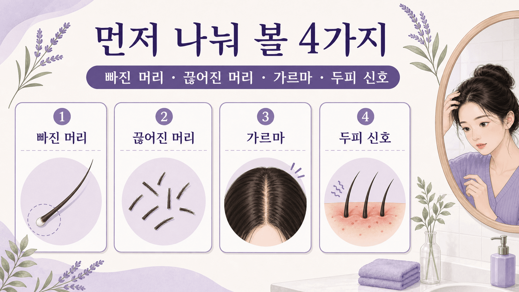 빠진 머리, 끊어진 머리, 가르마, 두피 신호를 나눠 보는 4가지 기준 이미지