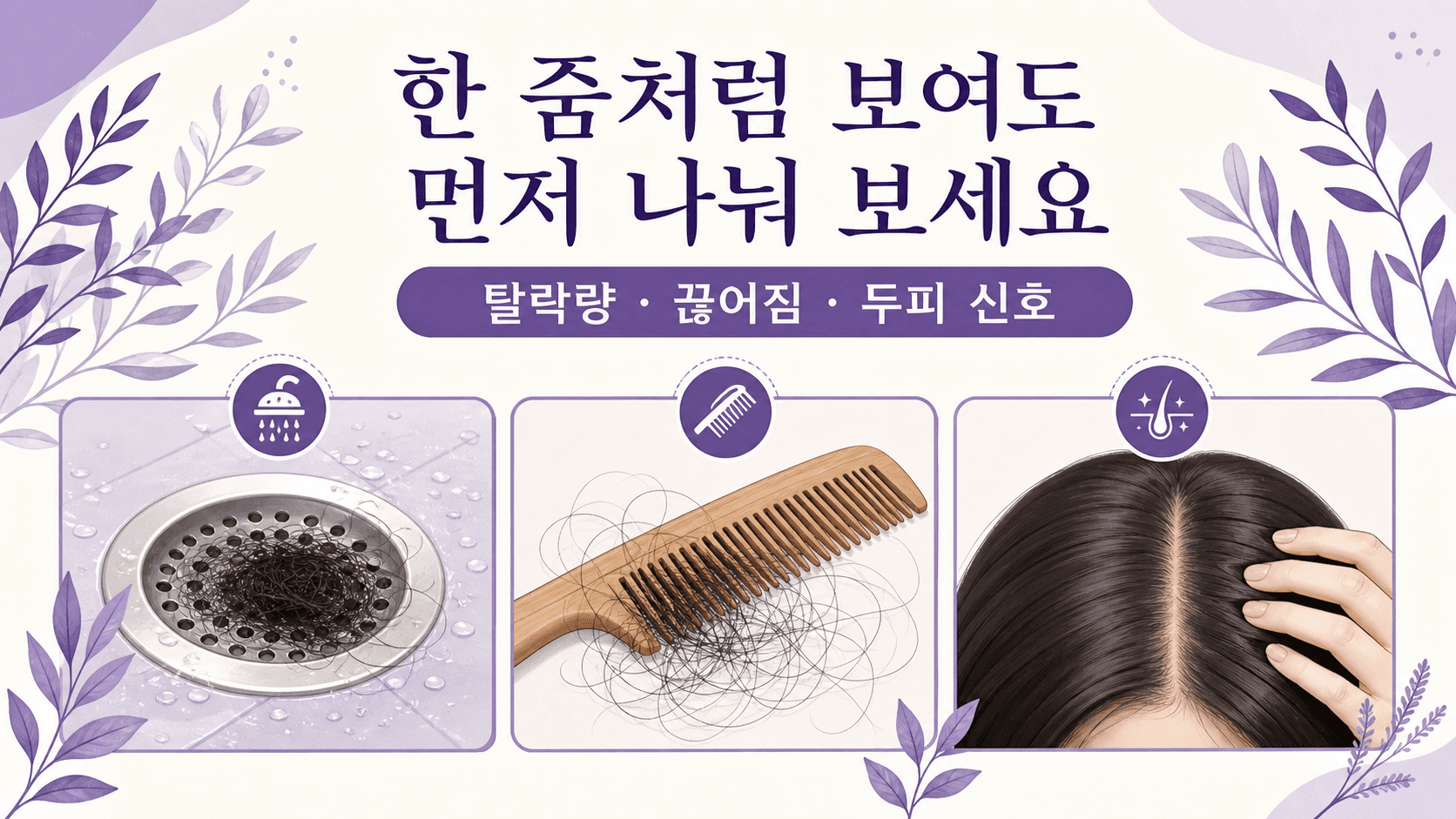 샤워 후 머리카락이 한 줌처럼 보여도 탈락량, 끊어짐, 두피 신호를 나눠 보는 이미지
