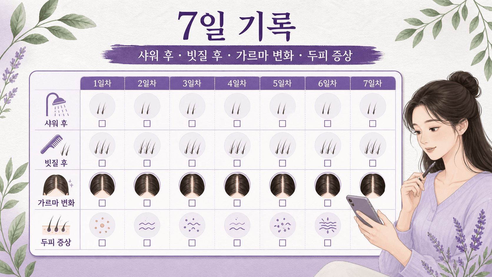 샤워 후, 빗질 후, 가르마 변화, 두피 증상을 적는 7일 기록 이미지