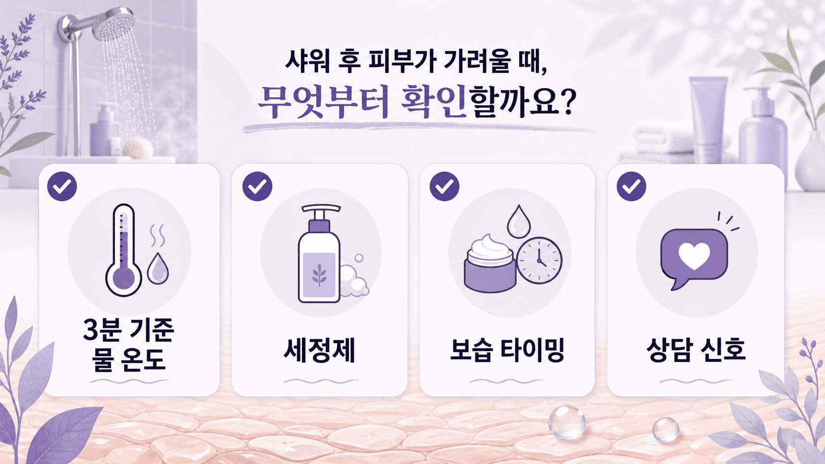샤워 후 가려움에서 물 온도, 세정제, 보습 타이밍, 상담 신호를 나누는 3분 기준 이미지