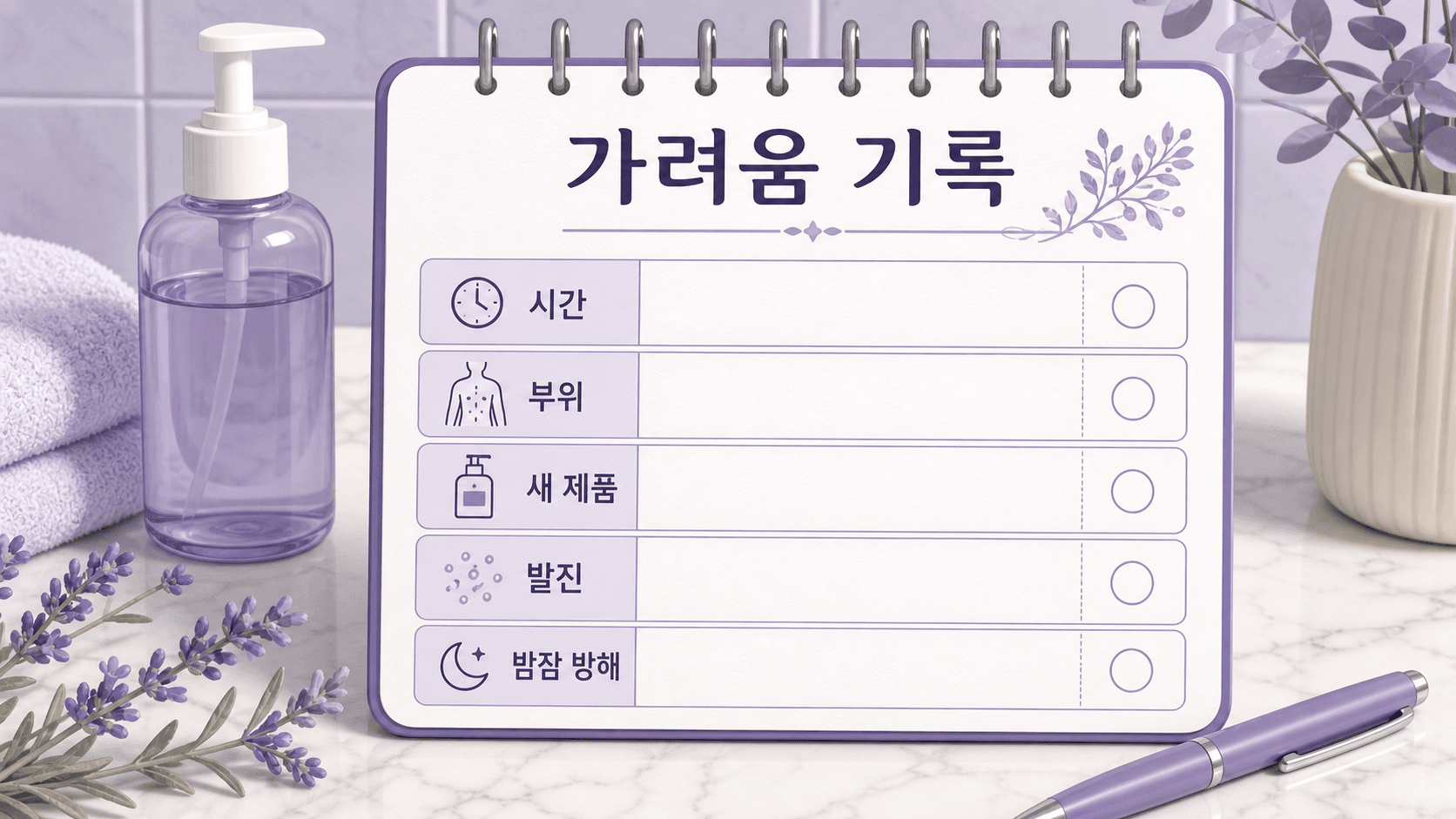 샤워 후 피부 가려움 기록 카드: 시간, 부위, 발진, 새 제품, 밤잠 방해를 적는 이미지