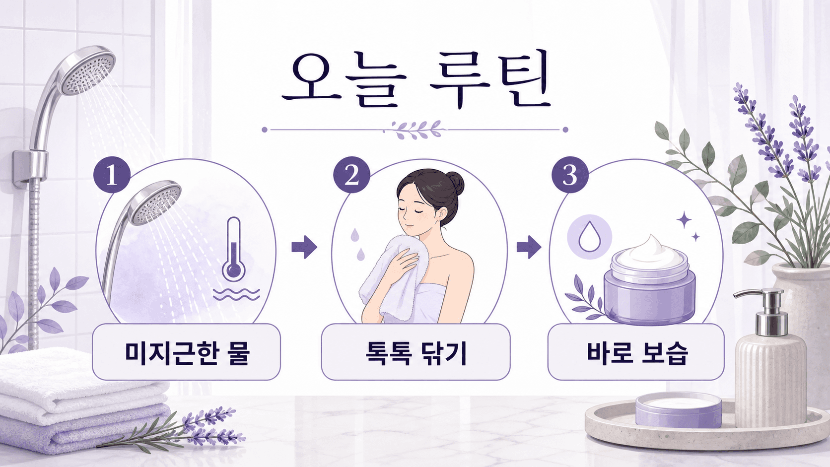 샤워 후 가려움 줄이기 루틴을 보여주는 미지근한 물, 부드러운 세정, 바로 보습 체크리스트 이미지