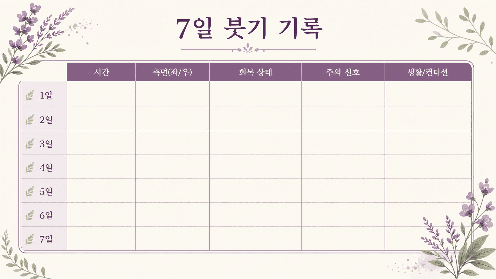 발목 붓기를 7일 동안 시간, 쪽, 회복, 신호로 적는 기록표 이미지