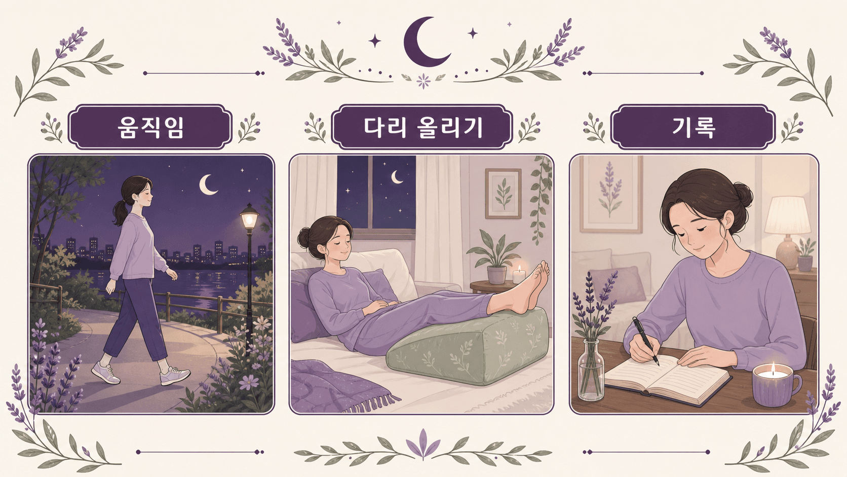 오늘 밤 발목 붓기에 움직임, 다리 올리기, 기록을 적용하는 순서 이미지