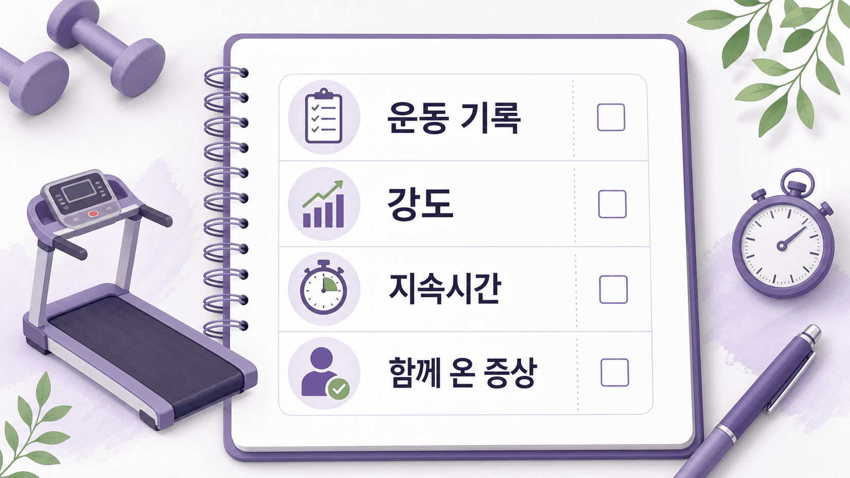 운동 후 가슴 답답함을 상담 때 설명하기 위해 운동 강도, 지속시간, 함께 온 증상, 회복 시간을 기록하는 이미지