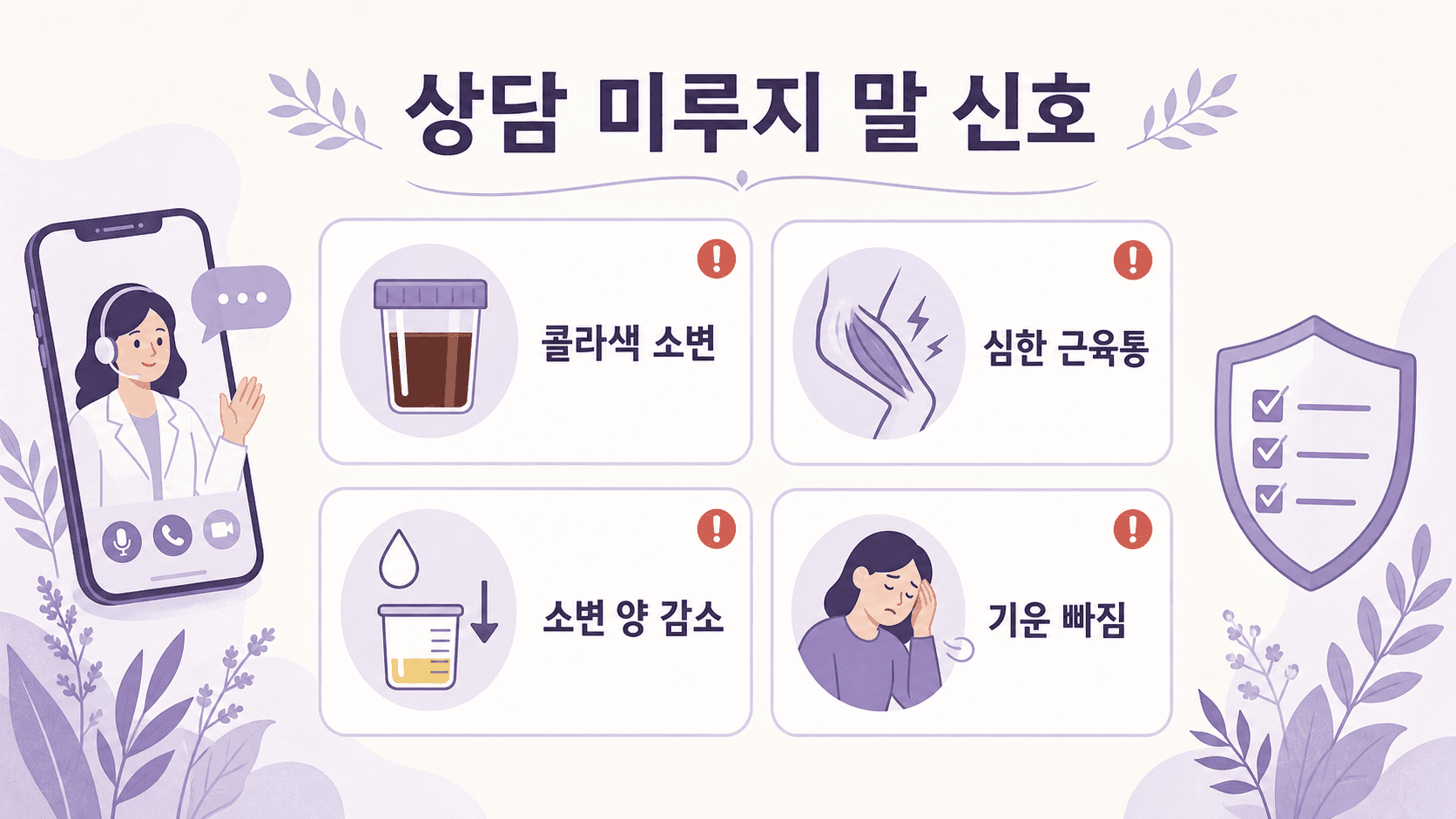 콜라색 소변, 심한 근육통, 소변 양 감소, 기운 빠짐을 상담 신호로 정리한 이미지