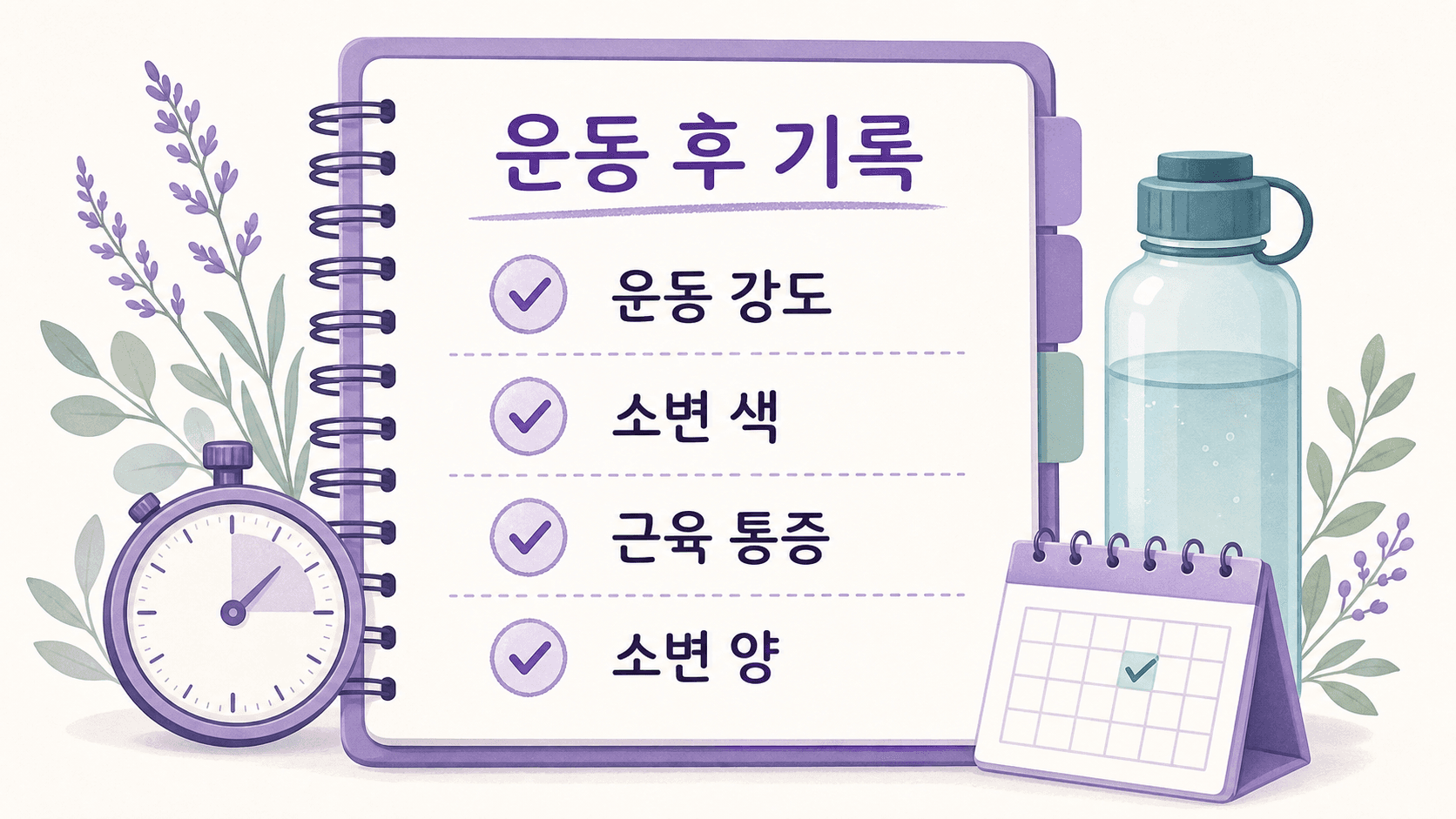 운동 후 기록 항목으로 운동 강도, 소변 색, 근육 통증, 소변 양을 정리한 이미지