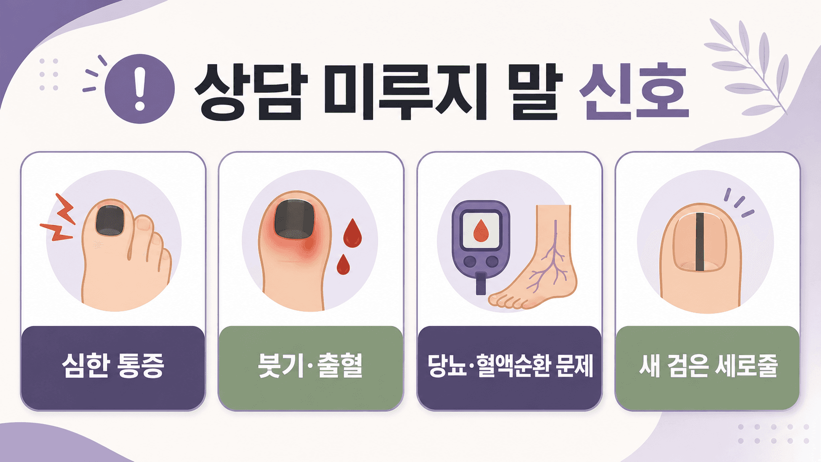 상담 미루지 말 신호: 심한 통증, 붓기와 출혈, 당뇨와 혈액순환 문제, 새 검은 세로줄을 보여주는 기준 이미지
