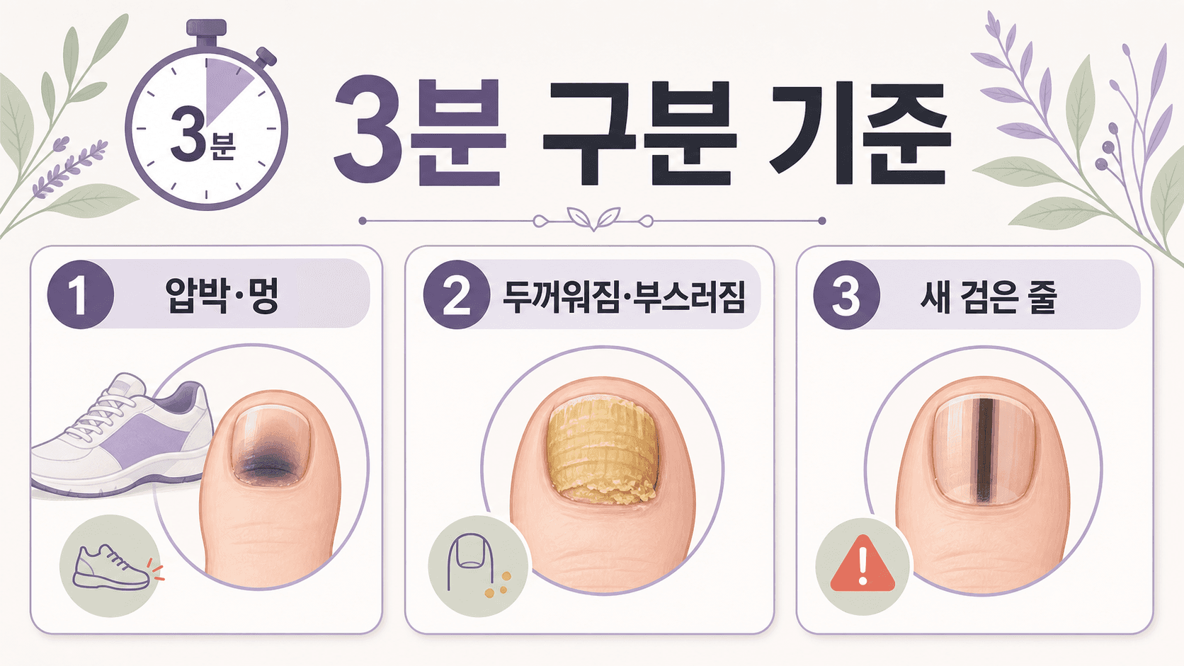운동화 뒤 발톱 검어짐을 압박 멍, 두꺼워짐과 부스러짐, 새 검은 줄로 나누는 3분 구분 기준 이미지
