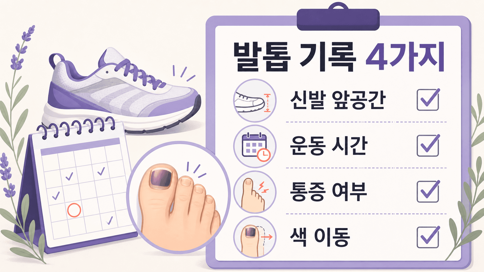 발톱 기록 4가지: 신발 앞공간, 운동 시간, 통증 여부, 색 이동을 정리하는 체크리스트 이미지