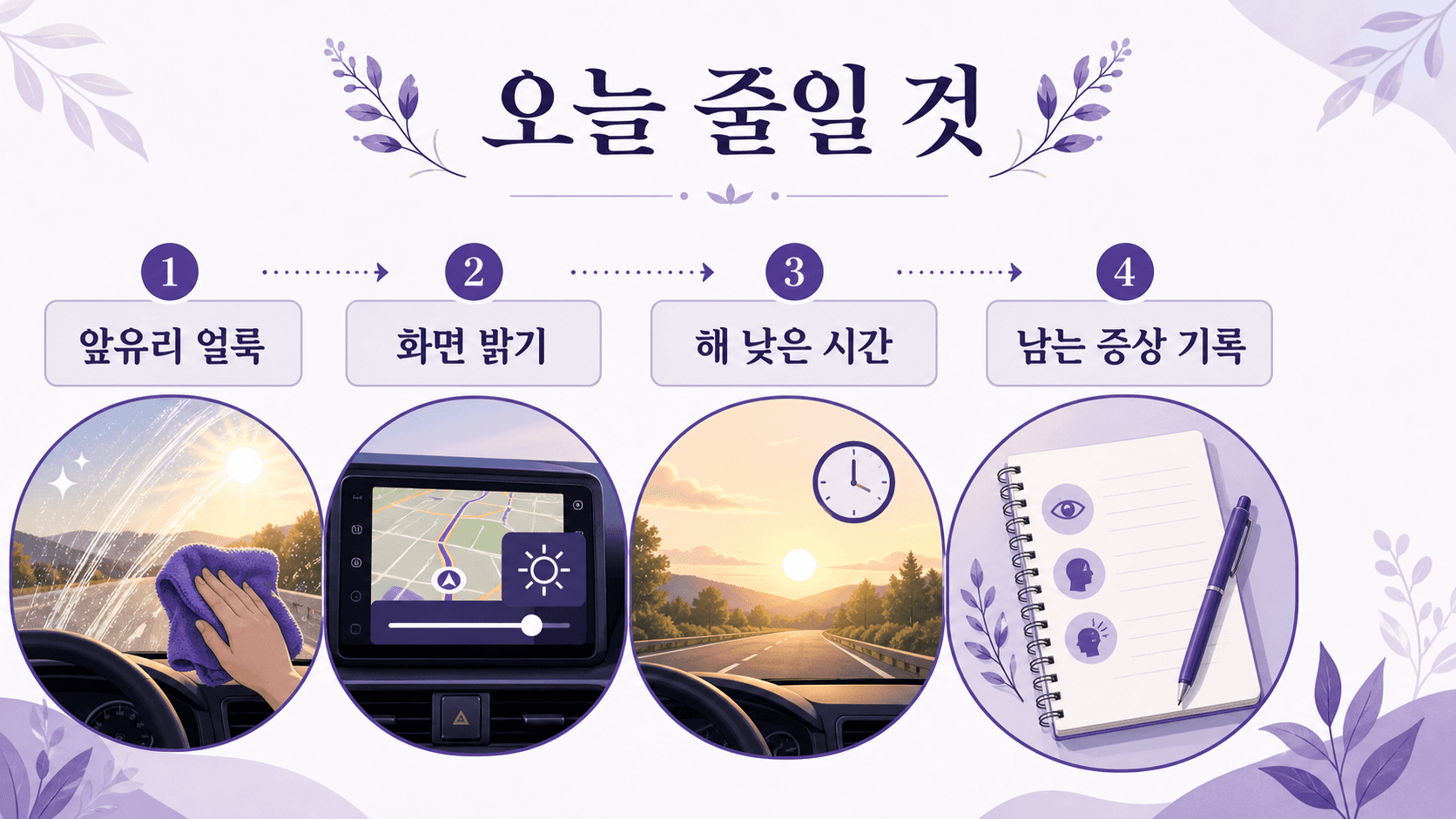 운전 중 눈부심을 줄이기 위해 앞유리, 내비게이션 밝기, 운전 시간대, 상담 기록을 차례로 점검하는 이미지