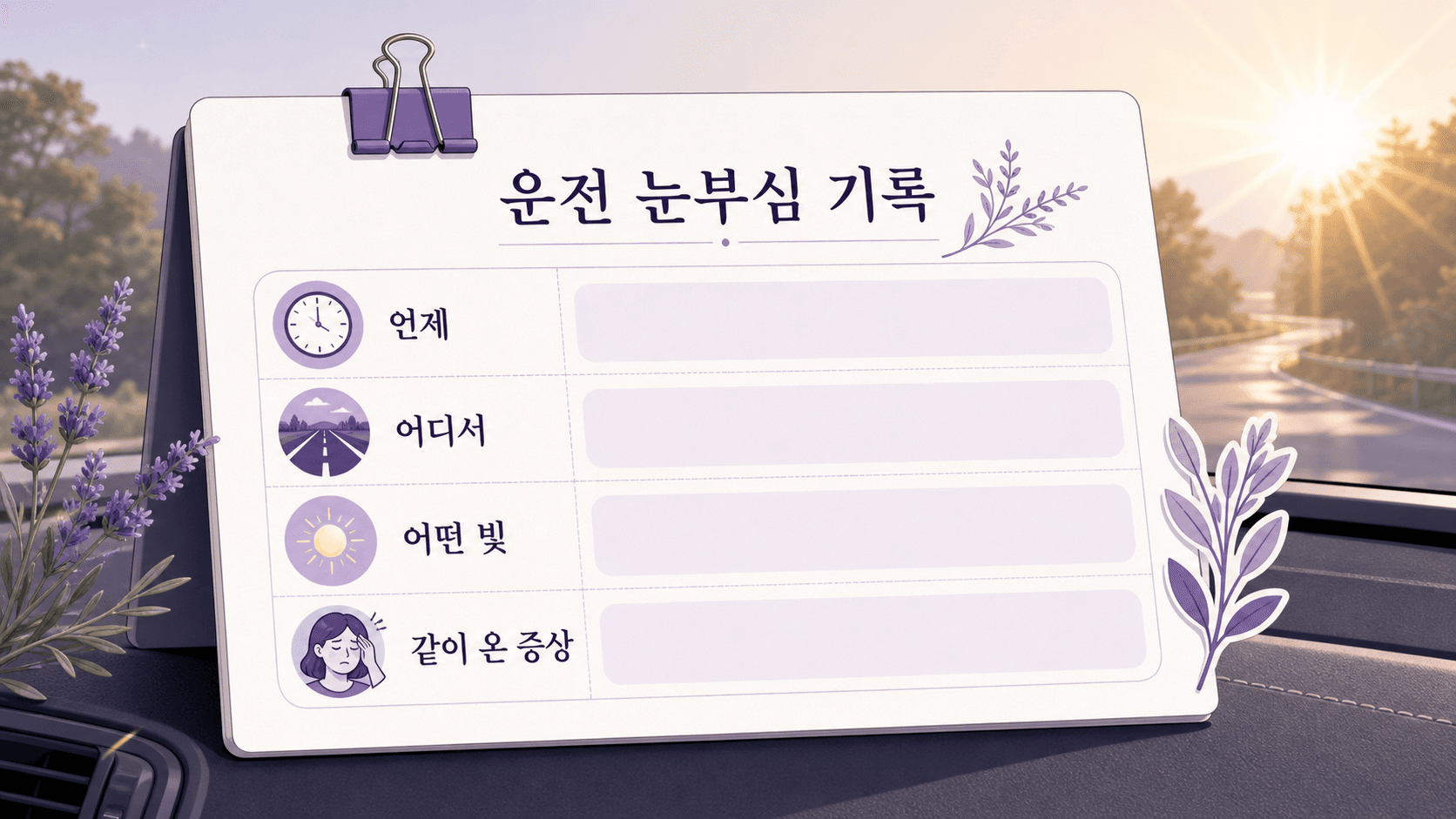 운전 중 눈부심 기록표에 시간대, 빛 종류, 시야 변화, 동반 증상을 적는 이미지