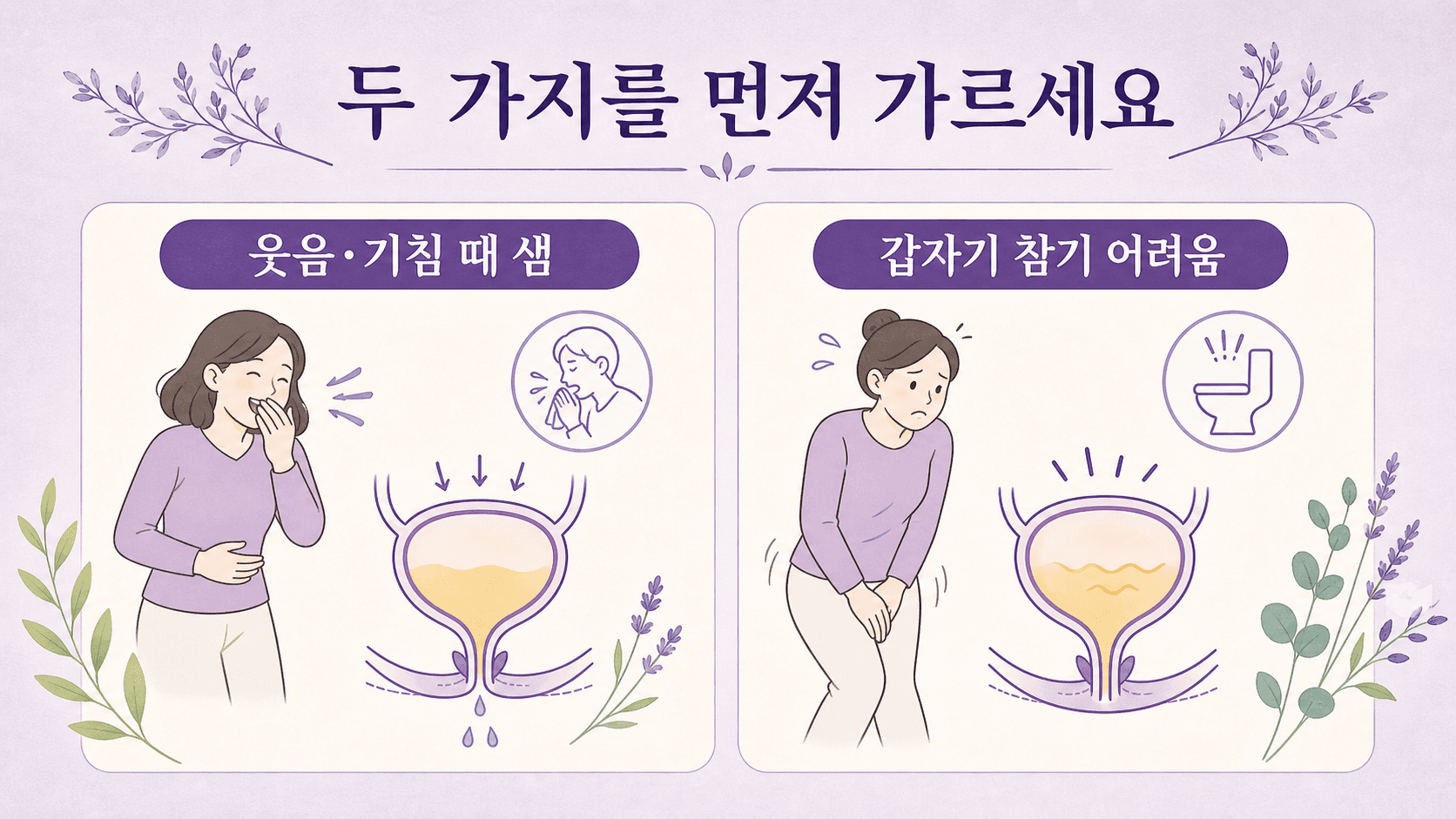 웃음이나 기침 때 새는 경우와 갑자기 참기 어려운 경우를 나누어 보는 보라톤 비교 이미지