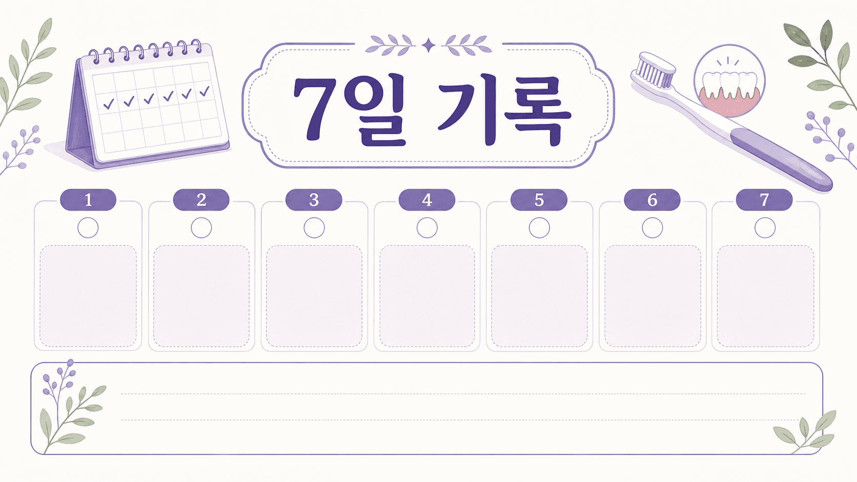 잇몸 피를 7일 동안 날짜, 부위, 빈도, 동반 신호로 적는 기록 이미지