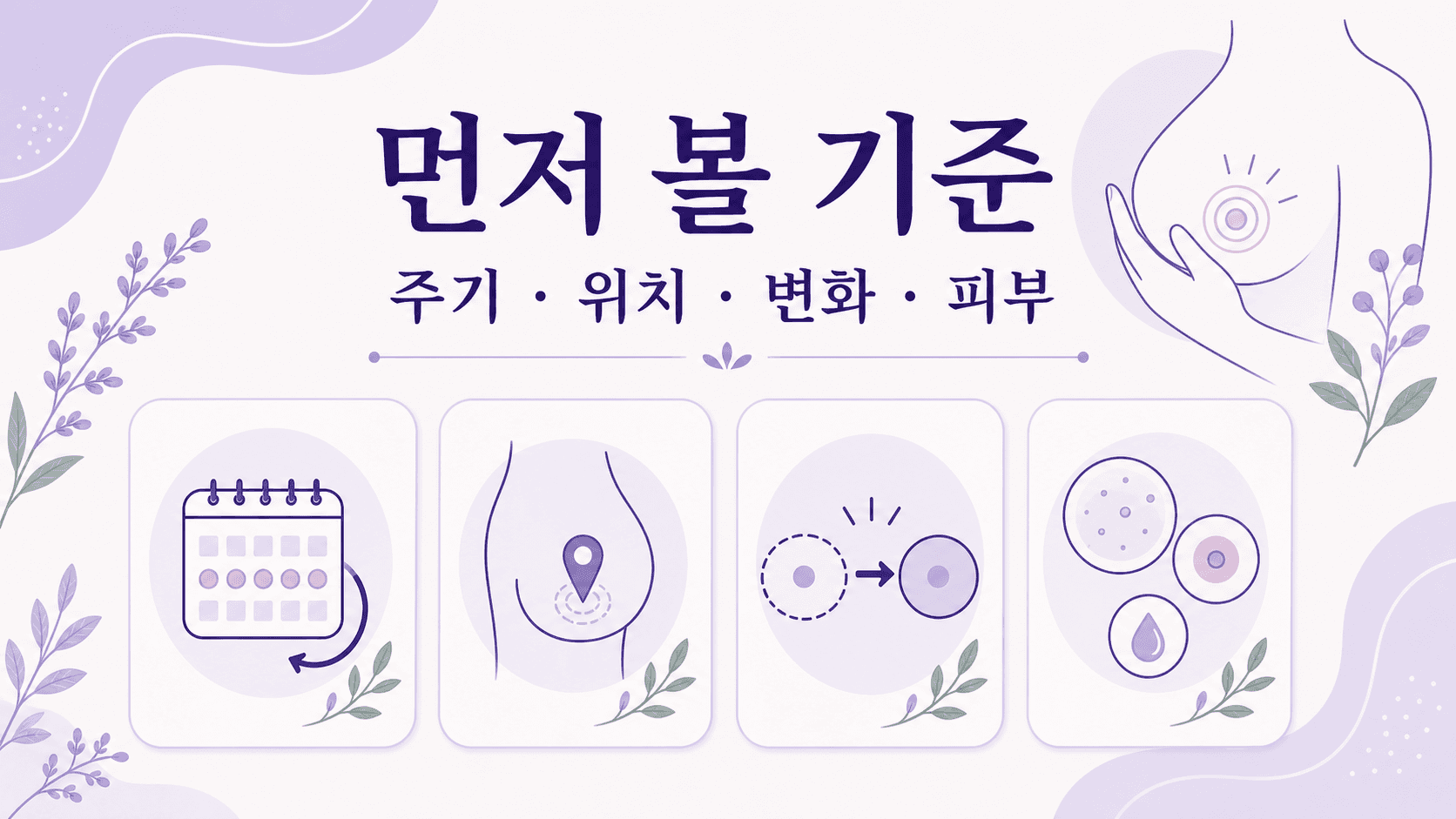 유방 통증과 멍울을 주기, 위치, 멍울 변화, 피부와 유두 변화로 나누어 보는 기준 이미지