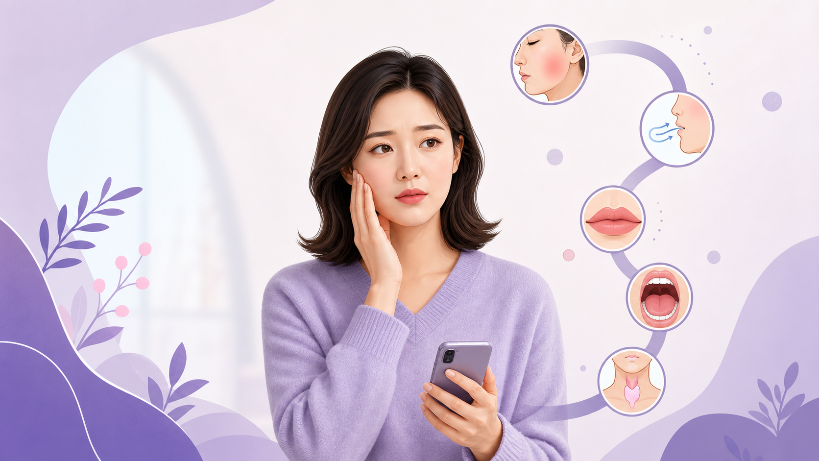 숨참, 입술과 입안 및 목 붓기, 한쪽 심함을 바로 확인 신호로 보여주는 보라색 상담 경계 이미지