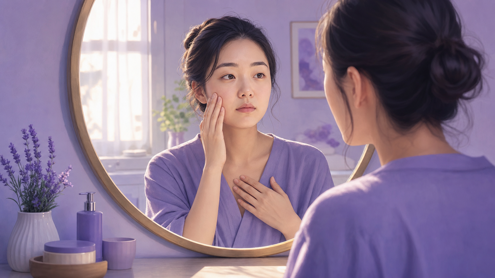 아침 얼굴 붓기에서 한쪽 붓기와 입술·입안·목·호흡 신호를 먼저 나누는 보라색 건강 인포그래픽