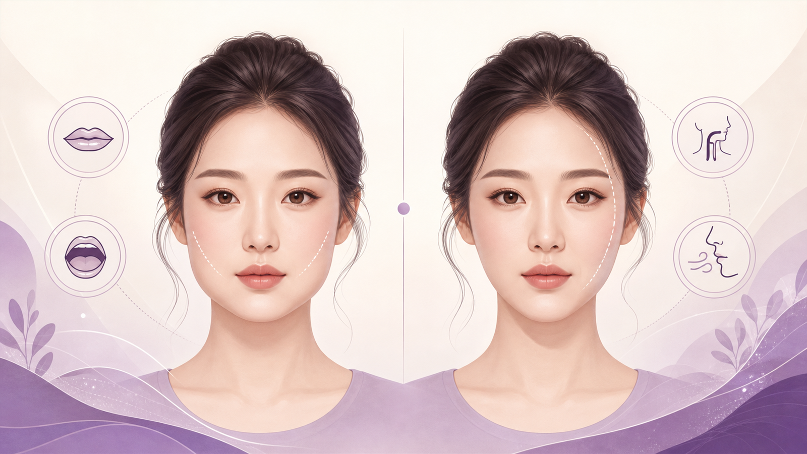아침 얼굴 붓기에서 양쪽이 비슷한지, 한쪽만 심한지, 입술과 목 및 호흡 신호를 나누는 보라색 인포그래픽