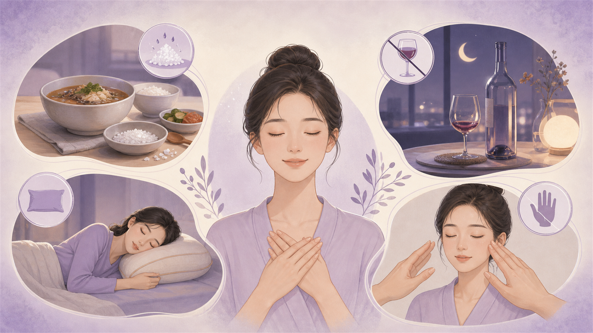 짠 야식 줄이기, 늦은 음주 피하기, 엎드려 자기 줄이기, 마사지 전 확인을 보여주는 보라색 생활 조절 이미지