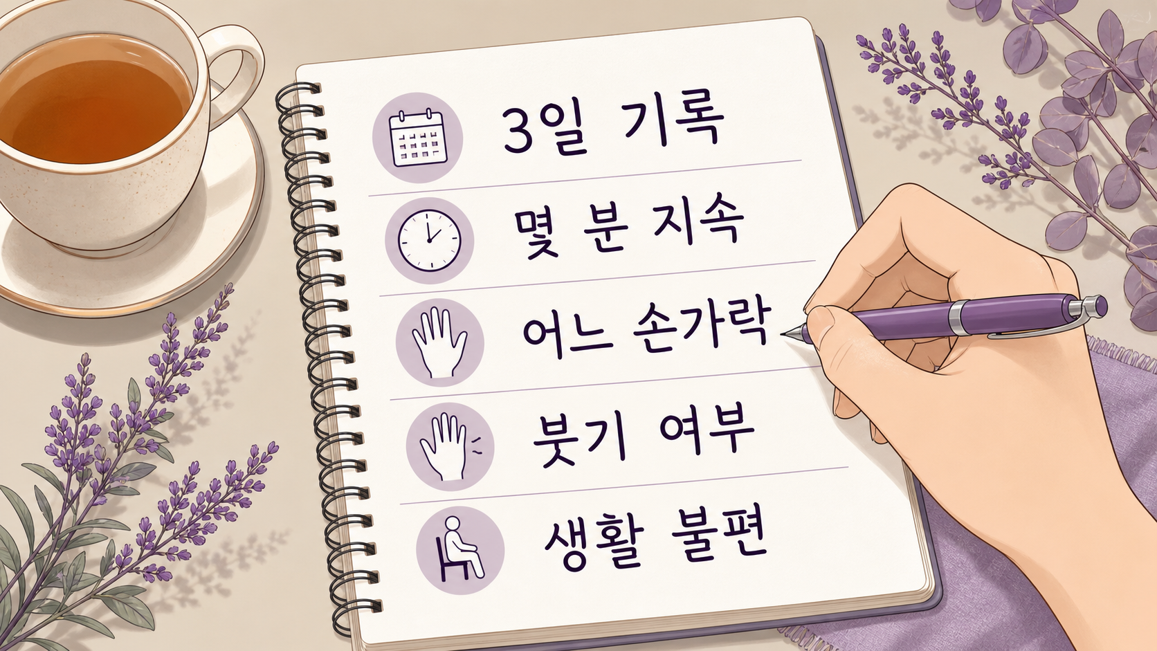 아침 손가락 뻣뻣함을 3일 동안 기록하는 노트 이미지
