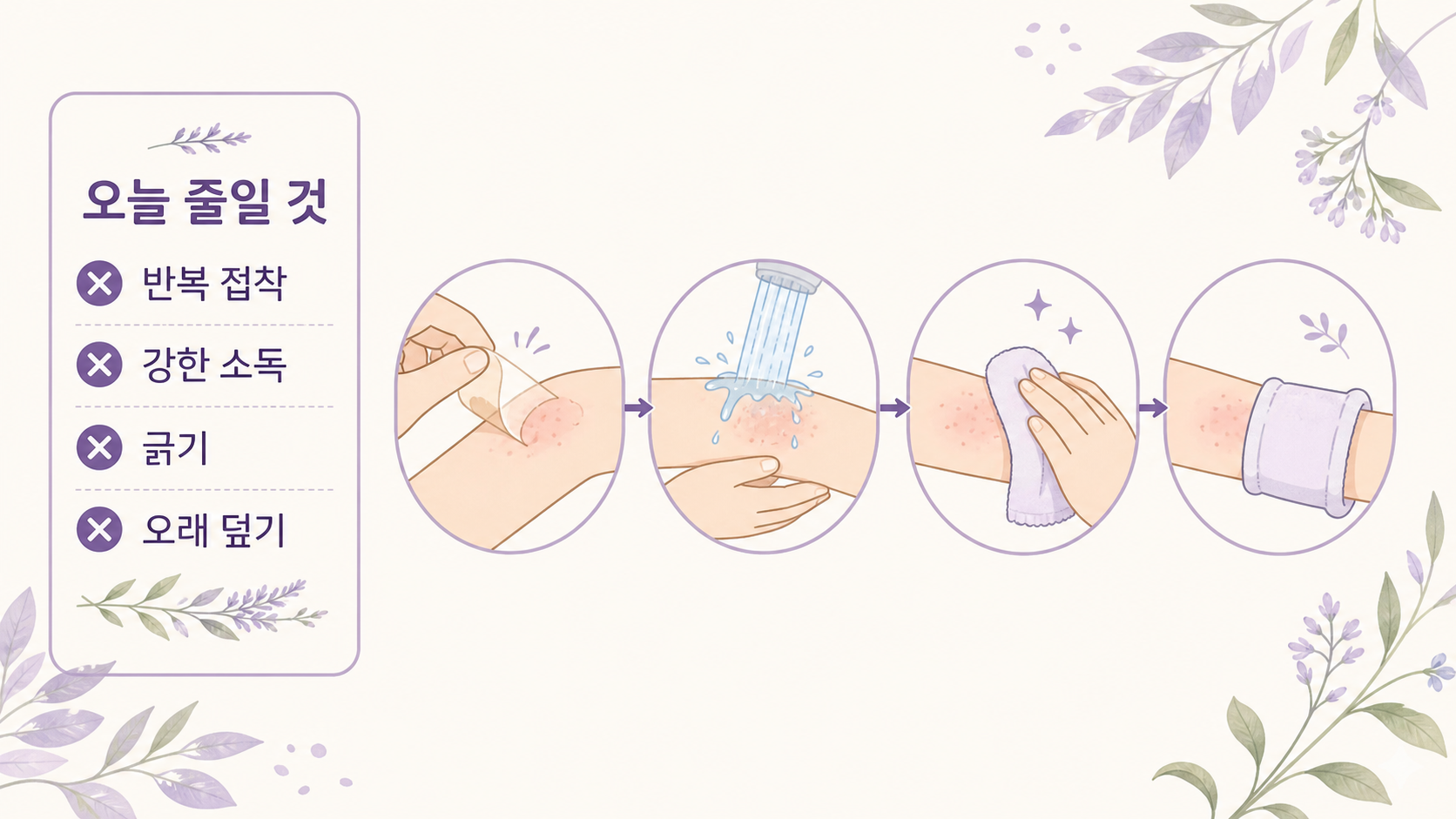 반창고 자국이 빨개졌을 때 오늘 줄일 반복 접착, 강한 소독, 긁기, 오래 덮기를 보여주는 이미지