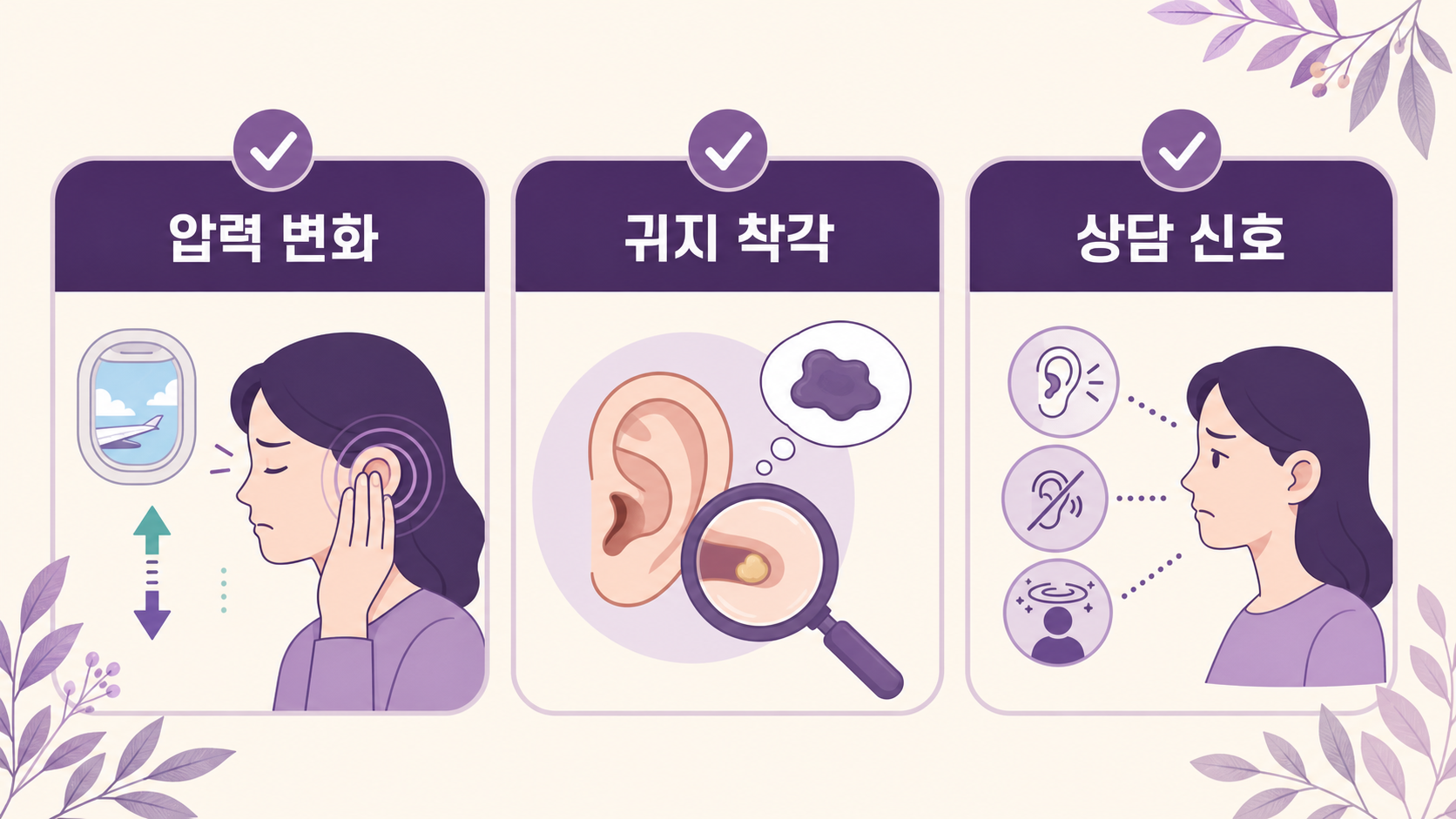 비행기 후 귀 먹먹함을 압력 변화, 귀지 착각, 상담 신호로 나누는 이미지