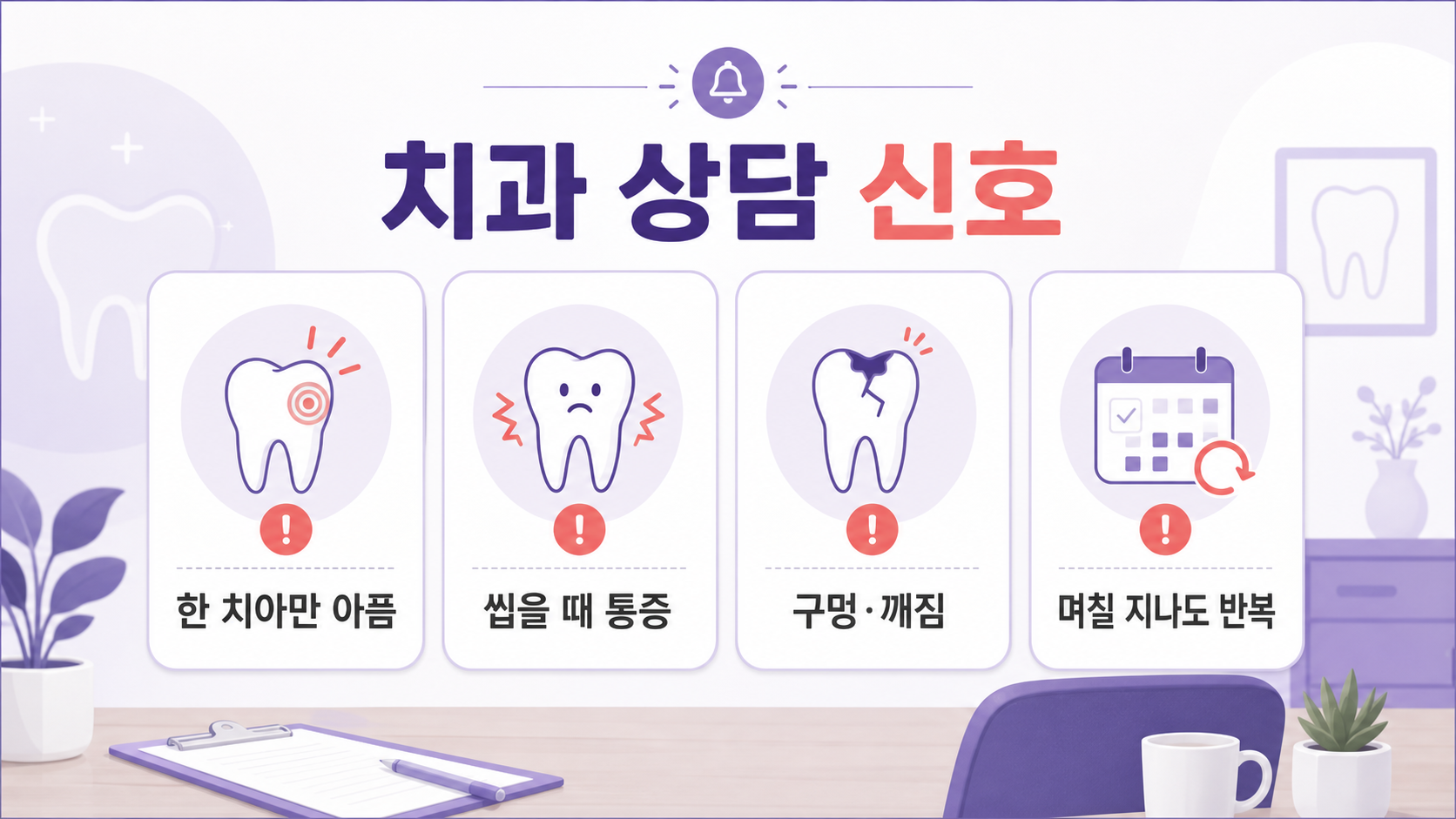 한 치아만 아픔, 씹을 때 통증, 구멍과 깨짐, 며칠 지나도 반복을 치과 상담 신호로 정리한 보라색 기준 카드