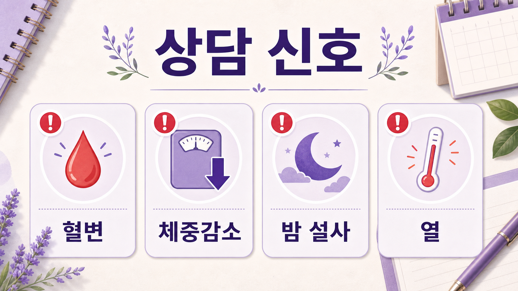 출근길 배 아픔에서 혈변, 체중감소, 밤 설사, 열을 상담 신호로 정리한 이미지