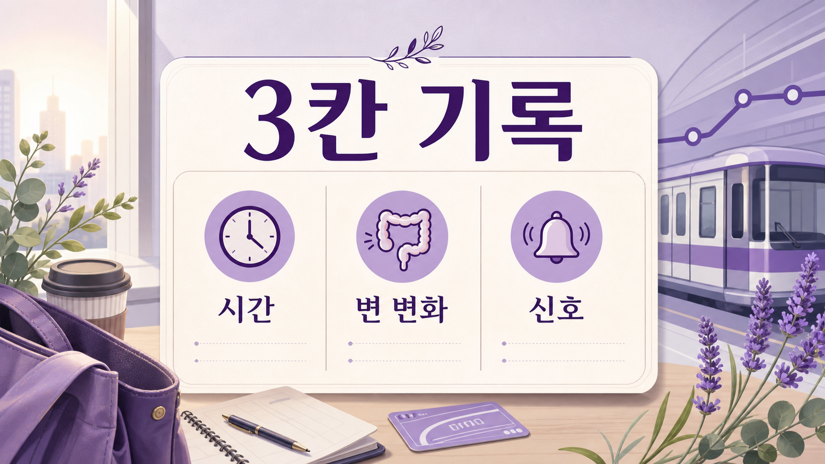 출근길 배 아픔을 시간, 변 변화, 상담 신호로 나누는 보라색 건강 매거진 이미지