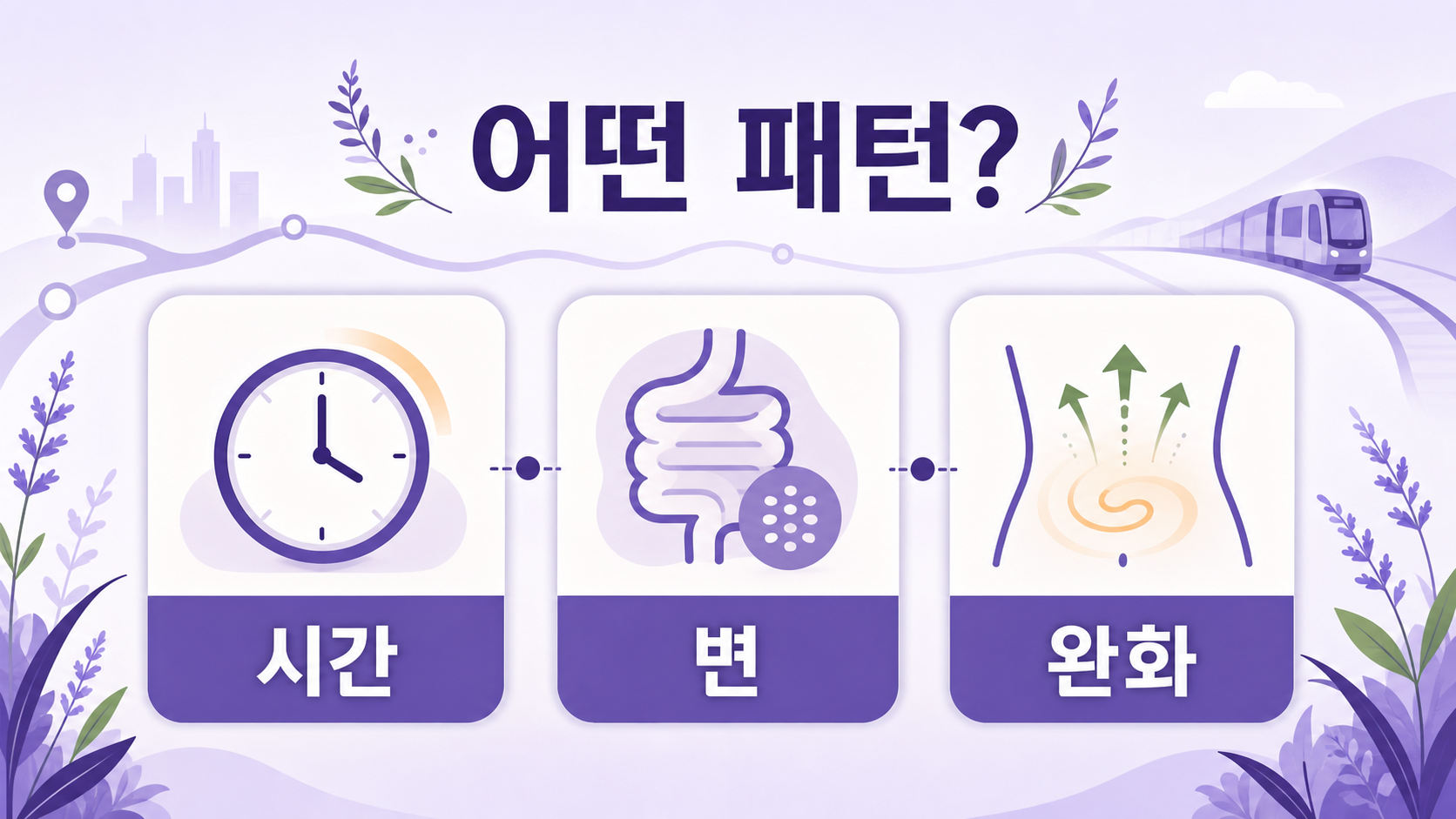 출근길 장 증상을 시간, 변 변화, 배변 후 완화로 나누는 보라색 패턴 이미지