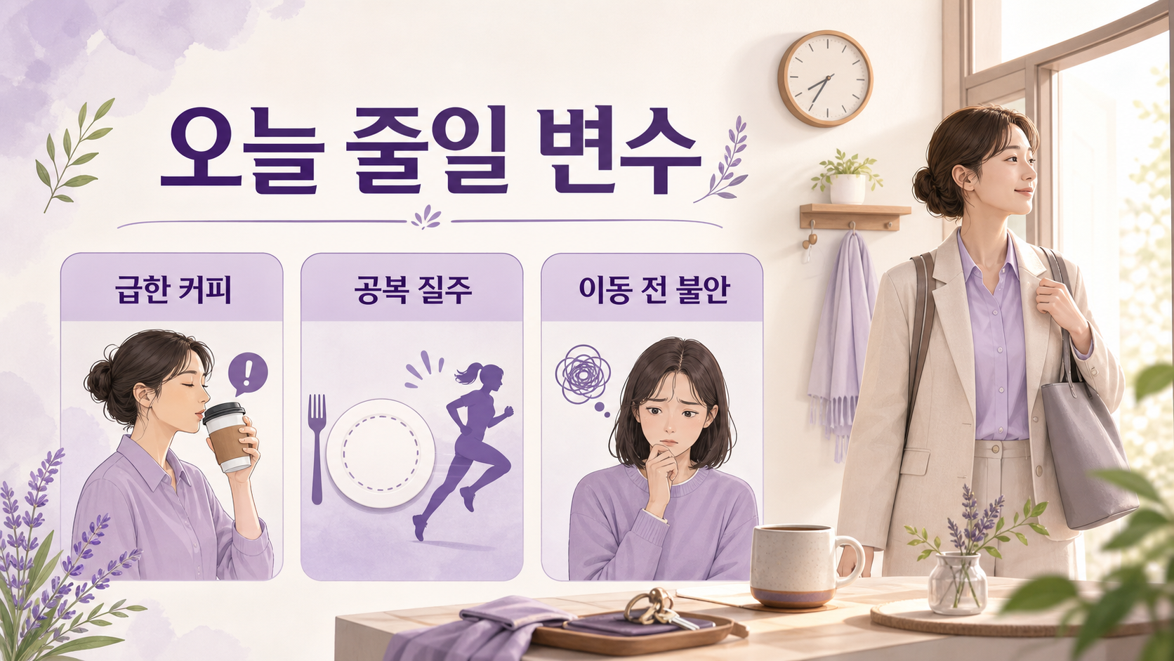 출근 전 급한 커피, 공복 질주, 이동 전 불안을 줄이는 보라색 루틴 이미지