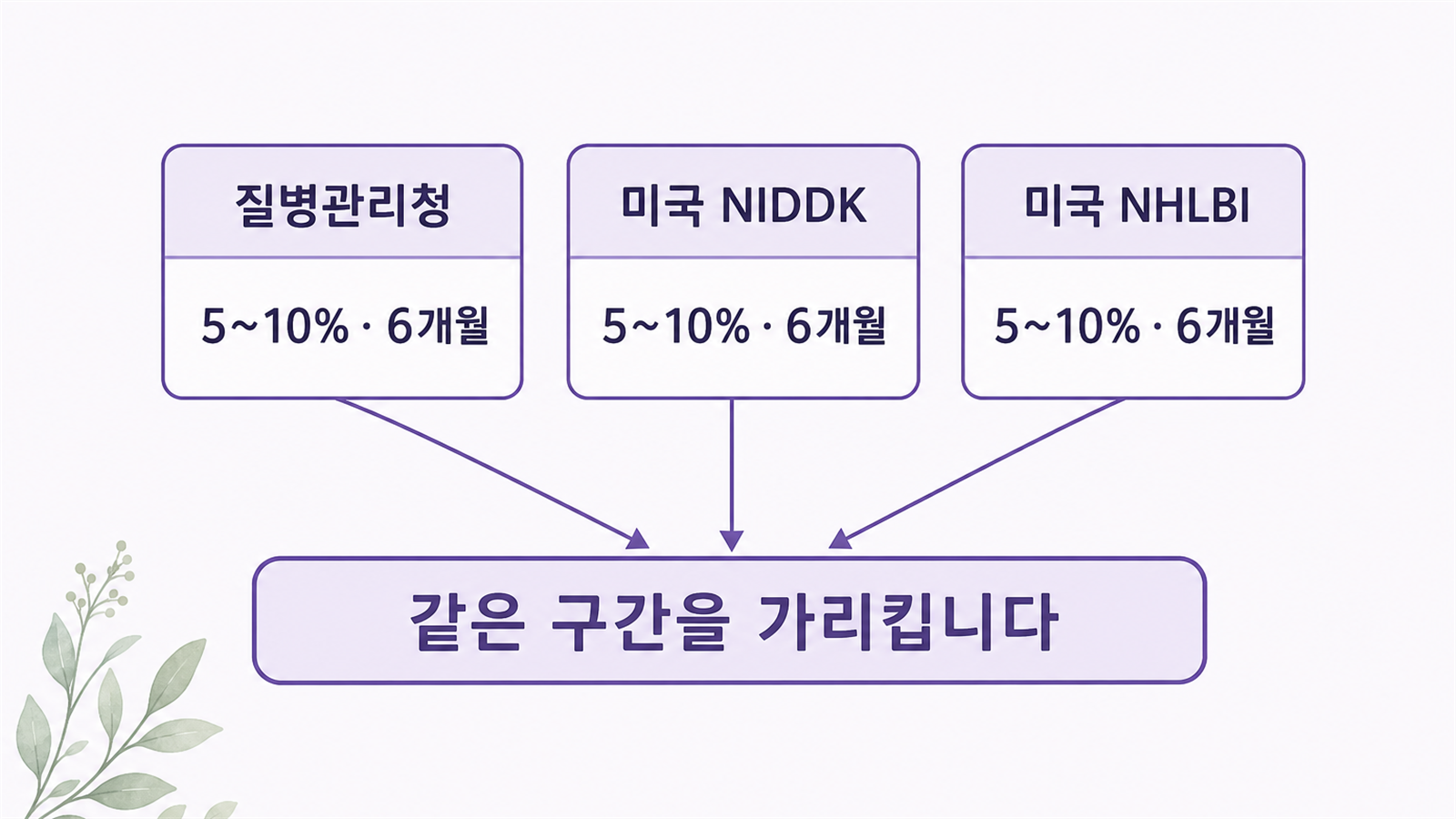 질병관리청, 미국 NIDDK, 미국 NHLBI가 모두 5~10%와 6개월을 제시하는 것을 보여 주는 도식