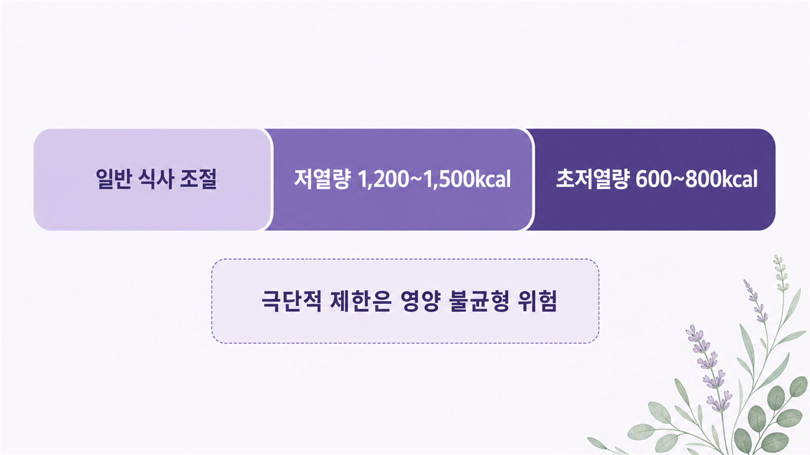 일반 식사 조절, 저열량 1200~1500kcal, 초저열량 600~800kcal 구간과 영양 불균형 주의를 보여 주는 도식