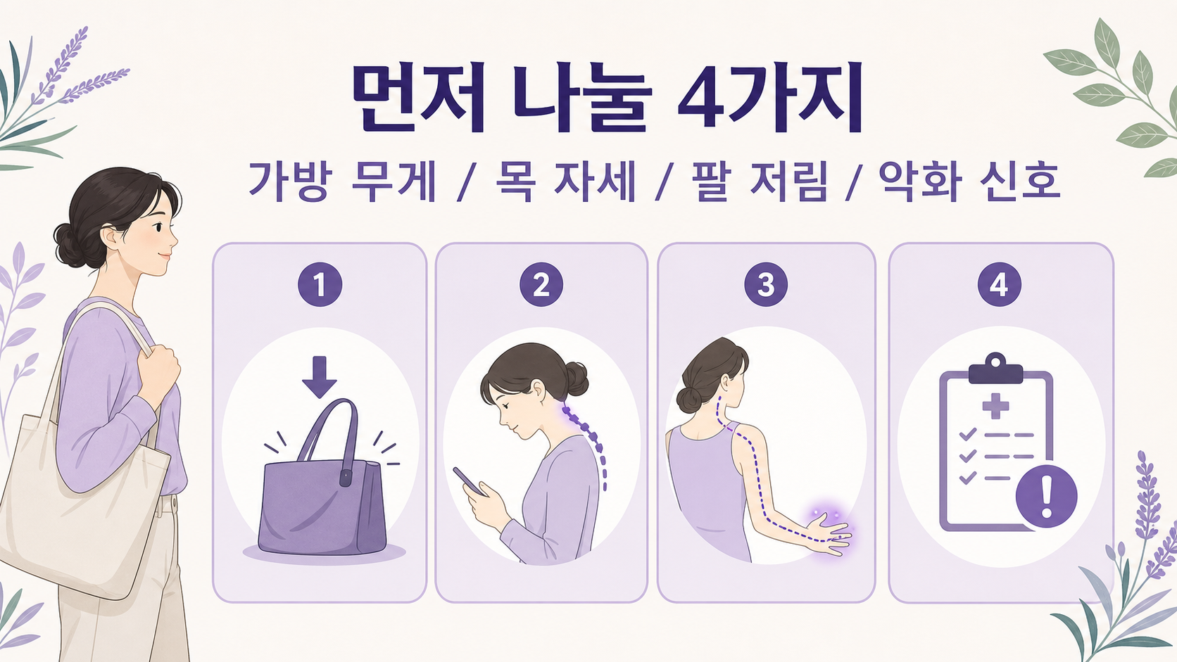 가방 뒤 어깨 저림에서 가방 무게, 목 자세, 팔 저림, 악화 신호를 나누는 4가지 기준 이미지