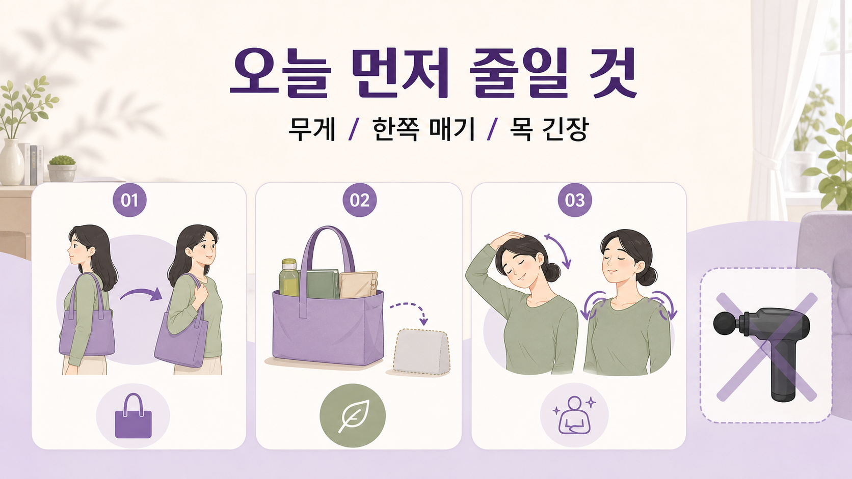 어깨 저림을 줄이기 위해 가방 무게, 한쪽 매기, 목 긴장을 먼저 줄이는 이미지