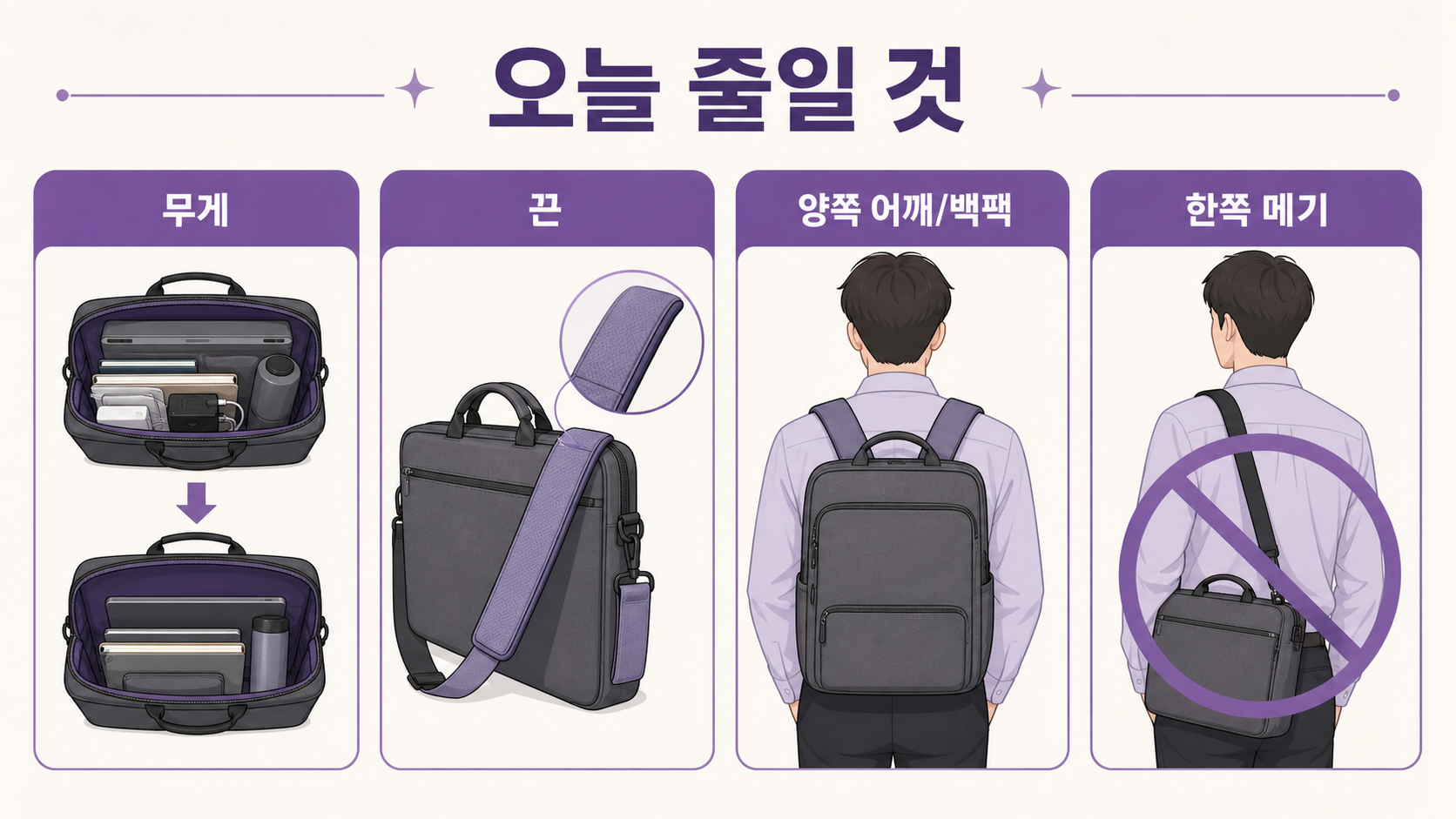 무거운 물건을 몸 가까이 두고 양쪽 어깨끈 길이를 맞춰 가방을 조정하는 일상 루틴 일러스트