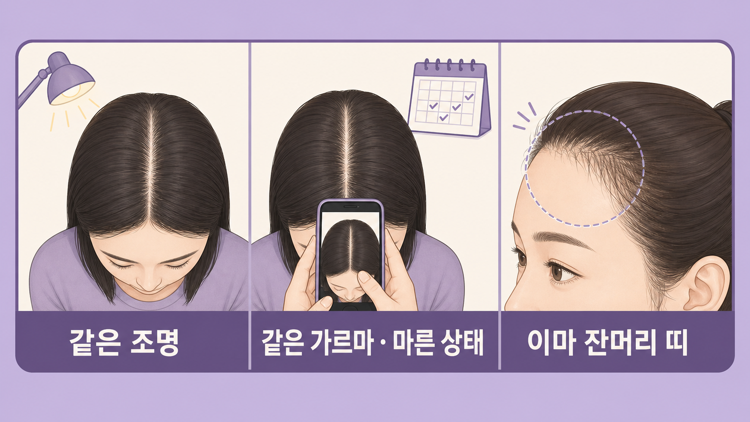 같은 조명, 같은 가르마와 마른 상태, 이마 잔머리 띠를 보여주는 관찰 방법 3패널