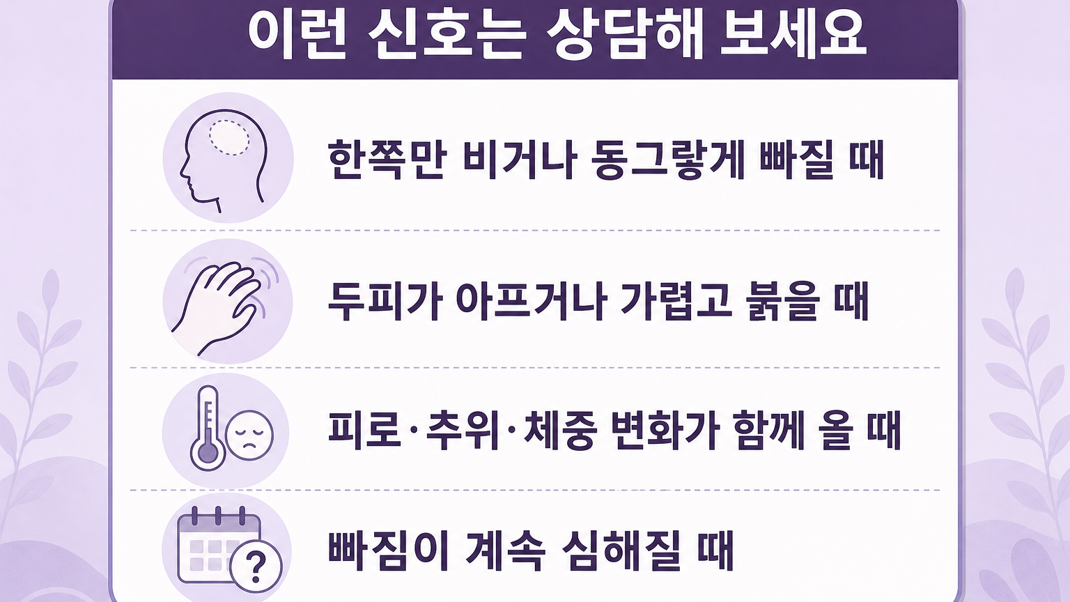 한쪽만 비거나, 두피 통증과 붉음, 피로·추위·체중 변화 동반, 지속 악화를 정리한 상담 신호 목록