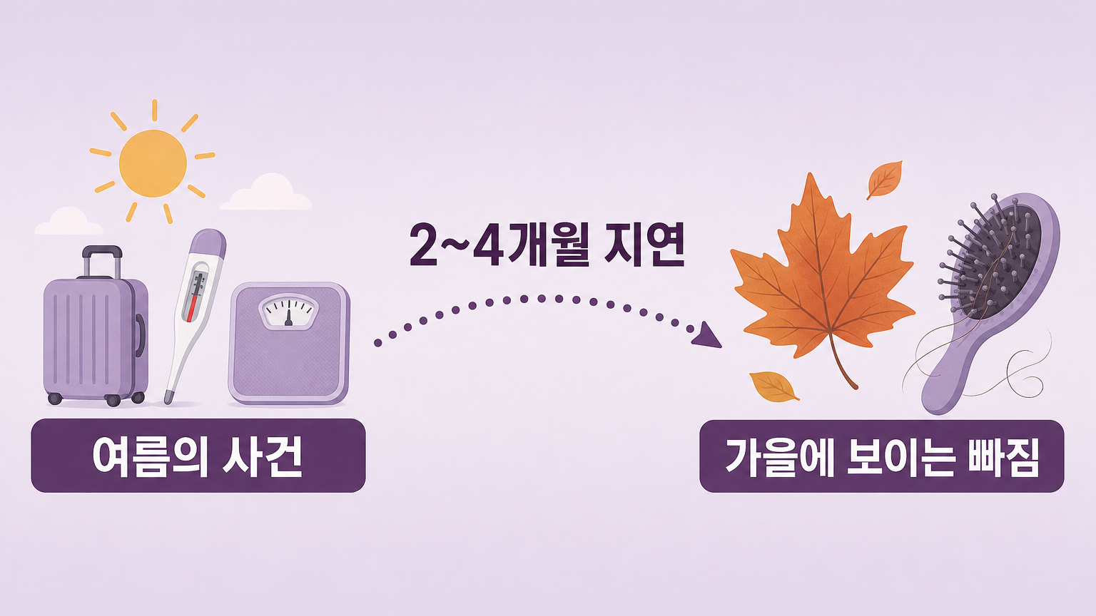 여름의 사건에서 2~4개월 지연을 거쳐 가을의 빠짐으로 이어지는 시간 구조 다이어그램