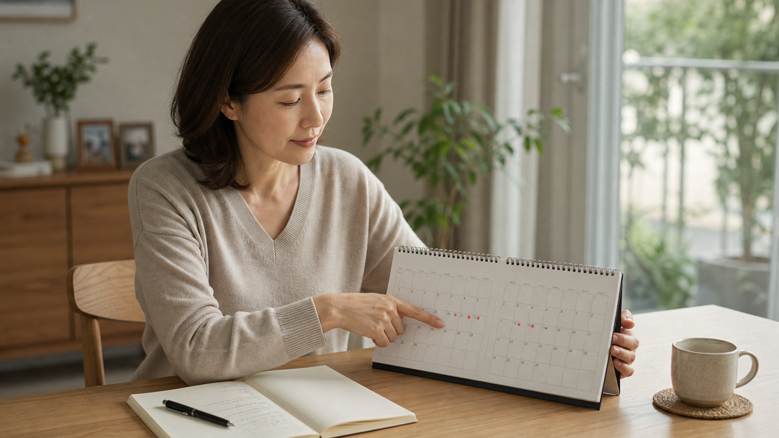 달력의 생리 날짜와 증상 메모를 이전 달 기록과 비교하는 장면