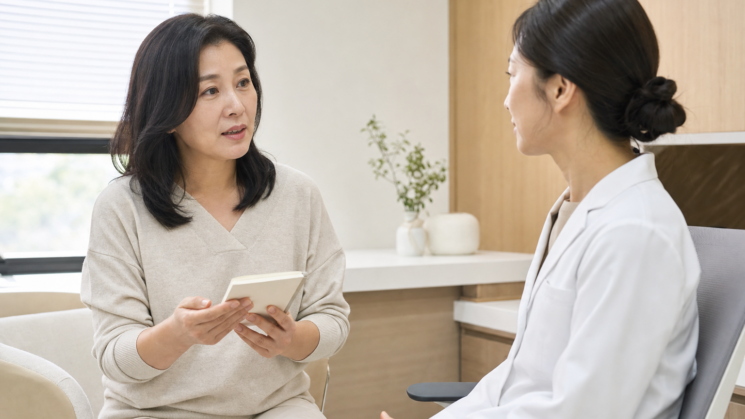 진료 전 메모장을 들고 의료진에게 증상을 설명할 준비를 하는 여성