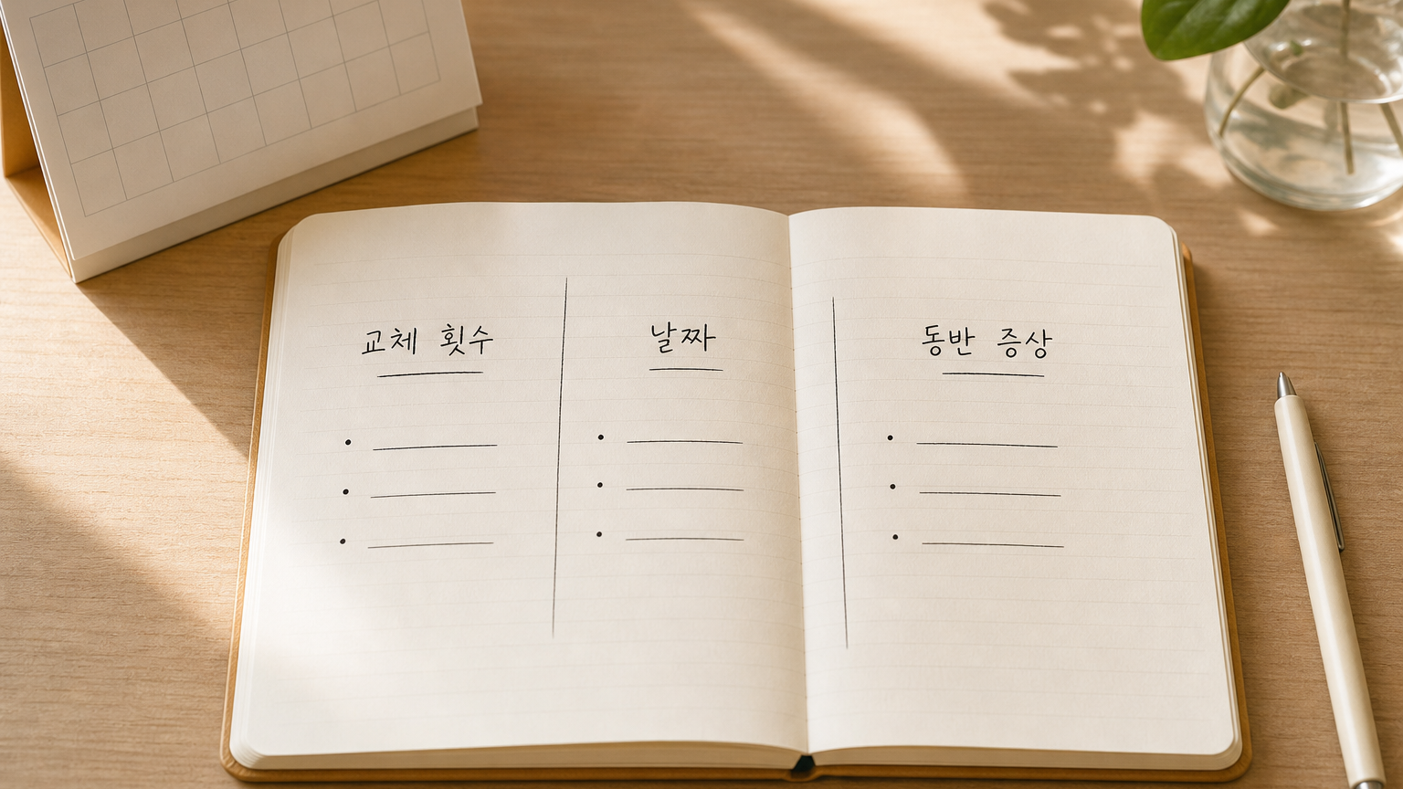 패드 교체 빈도와 출혈 기간, 동반 증상을 세 칸으로 정리한 종이 메모 장면