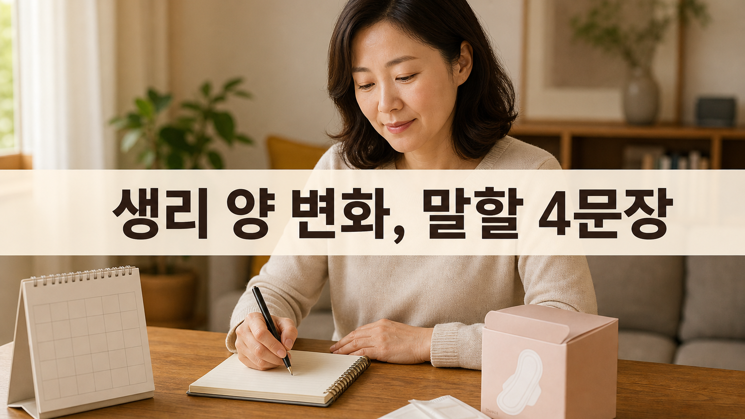달력과 메모장 옆에 생리 기록을 정리하는 여성의 차분한 생활 장면