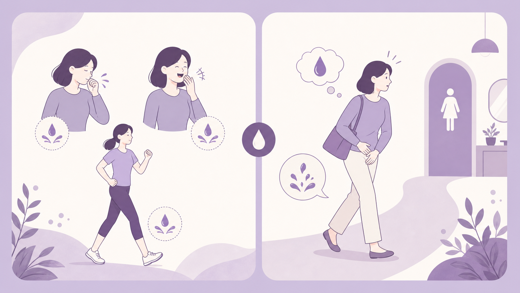 기침 웃음 운동과 갑자기 급한 느낌을 두 갈래로 비교하는 보라색 여성 건강 개념도, 중앙 텍스트는 기침·웃음·운동 그리고 갑자기 급함