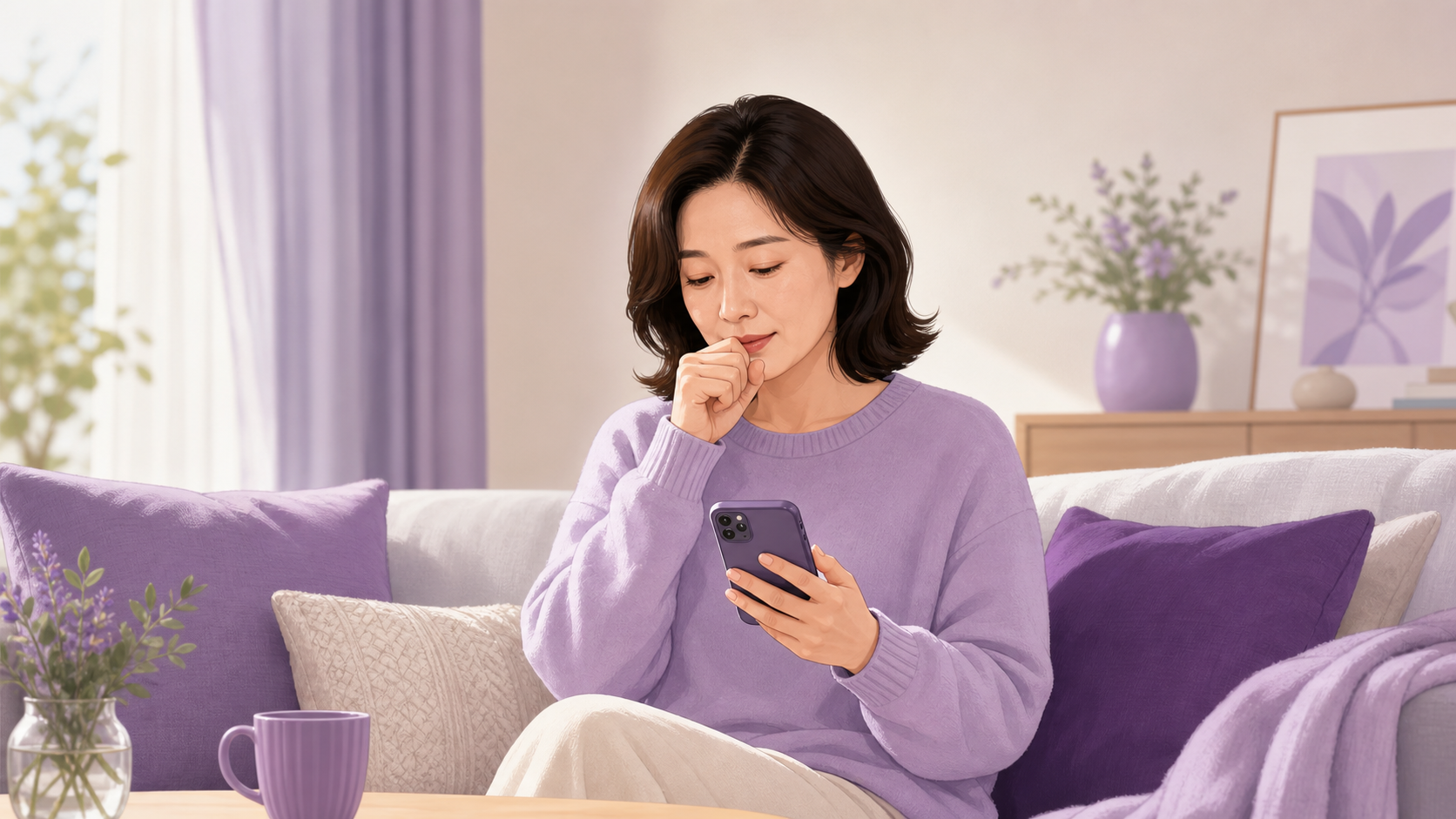 기침 뒤 불편함을 느끼지만 메모장에 차분히 기록을 시작하는 여성의 보라색 에디토리얼 일러스트